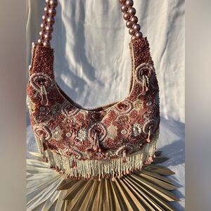 Viral Beaded Shoulder Bag Pink with Handmade Details and Fringe